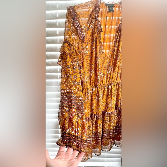 House of Harlow 1960 Boho Mini Dress - Sz Large - Mustard Brown - Floral- Ruffle - Picture 8 of 13